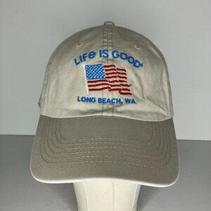 Life Is Good Long Beach Washington Beige US Flag Adjustable Hat Cap